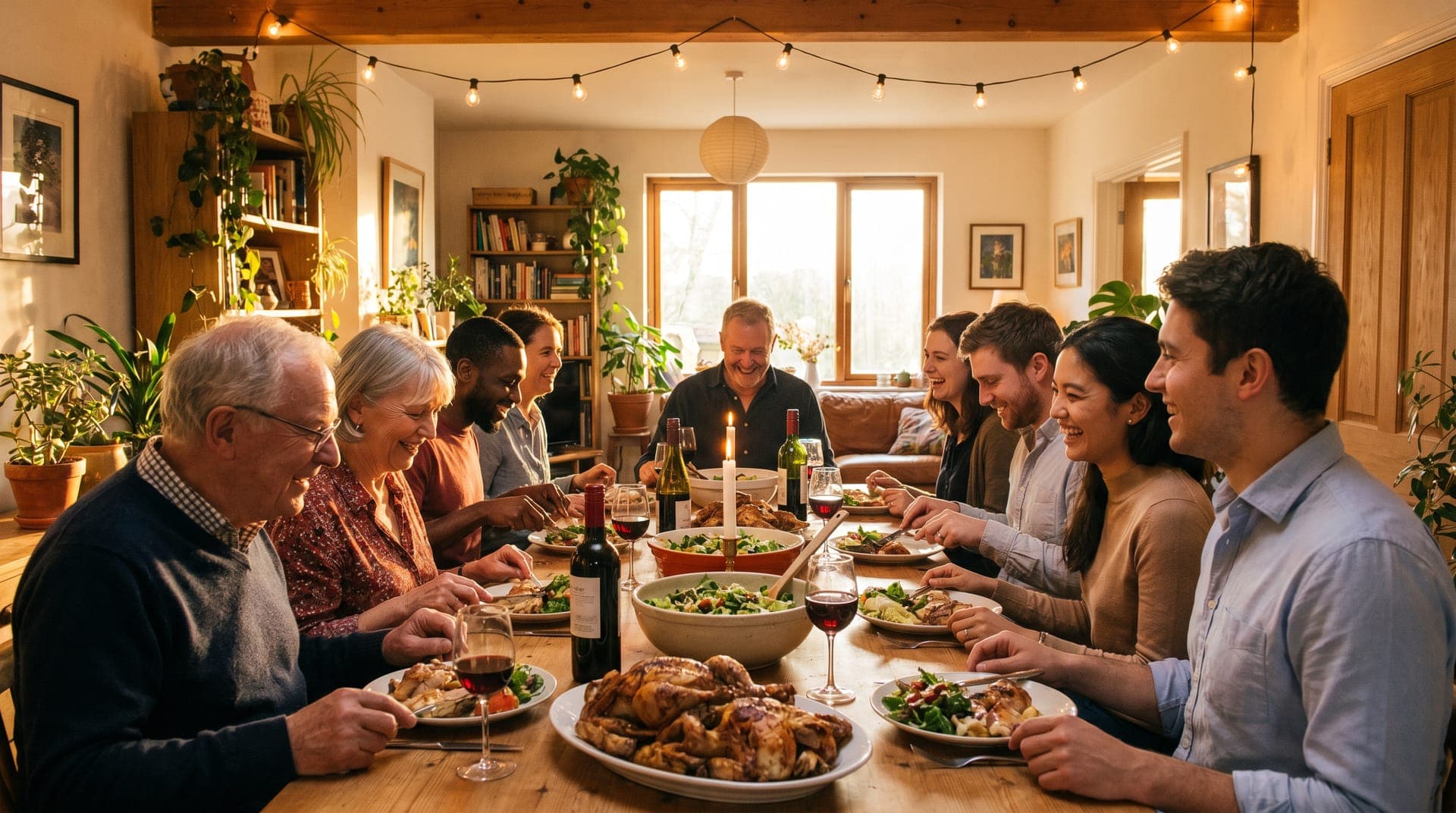 A dinner party at home: friends of all ages laughing around a long wooden table under string lights, roast chicken, salad and red wine between them.