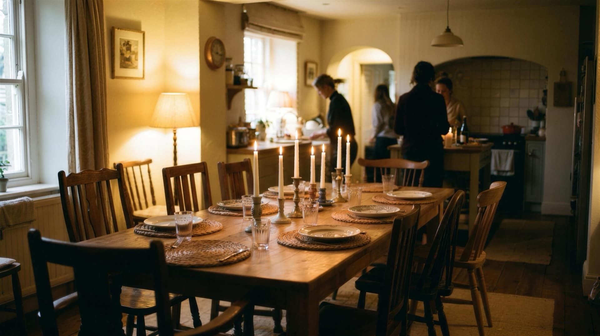 A farmhouse table set for ten with candles lit and every chair still empty, the organizers finishing up in the kitchen behind.