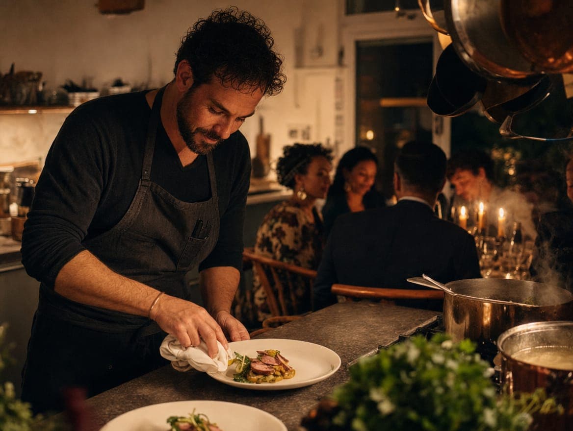 A chef wipes the rim of a finished plate at the pass, guests at the candlelit table behind him.