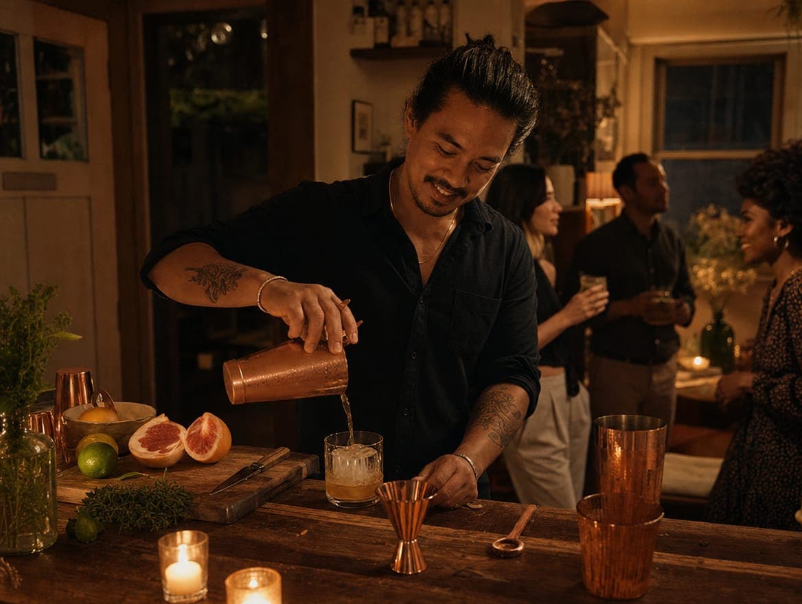 A mixologist pours a cocktail from a copper shaker while guests talk behind him.