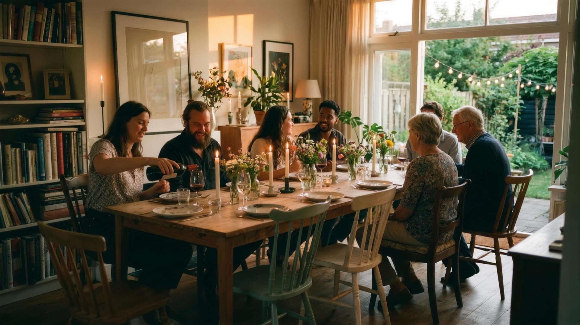 A supper club in full swing: eight people around a long wooden table by garden windows, candles lit, wine being poured.