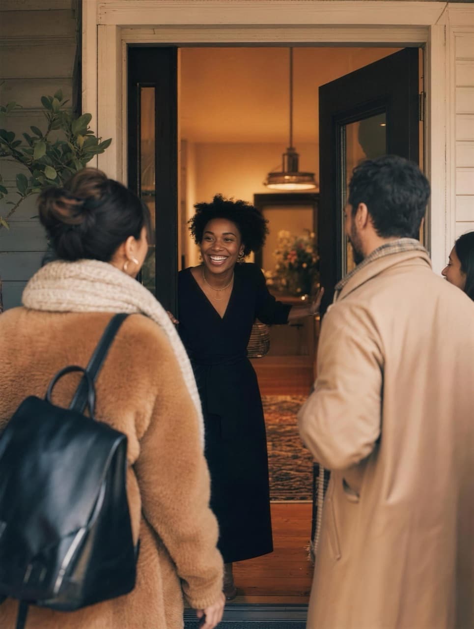 An organizer opens her front door to two arriving guests, warm light behind her.
