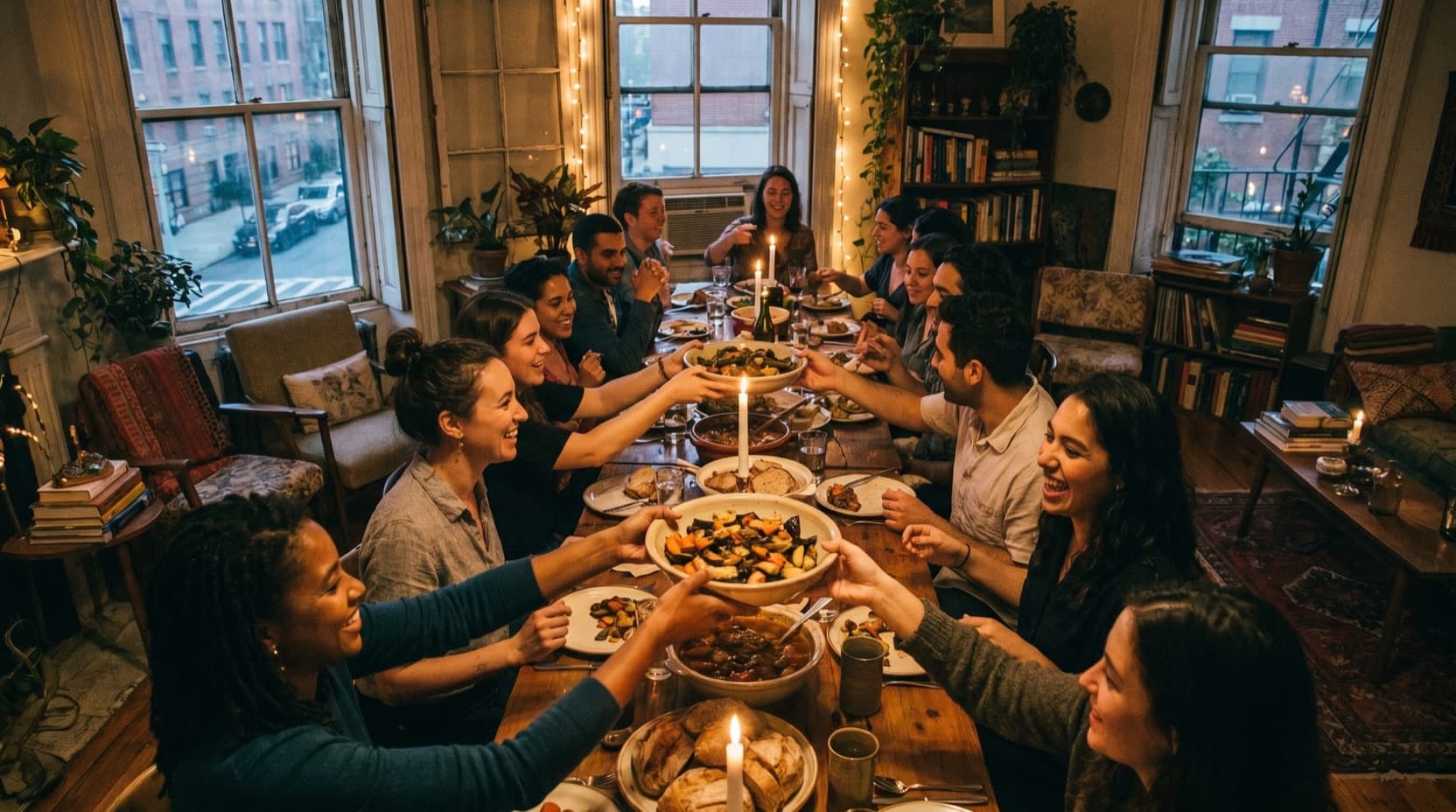 A long table of guests reaching across to pass a bowl, mid-laugh.