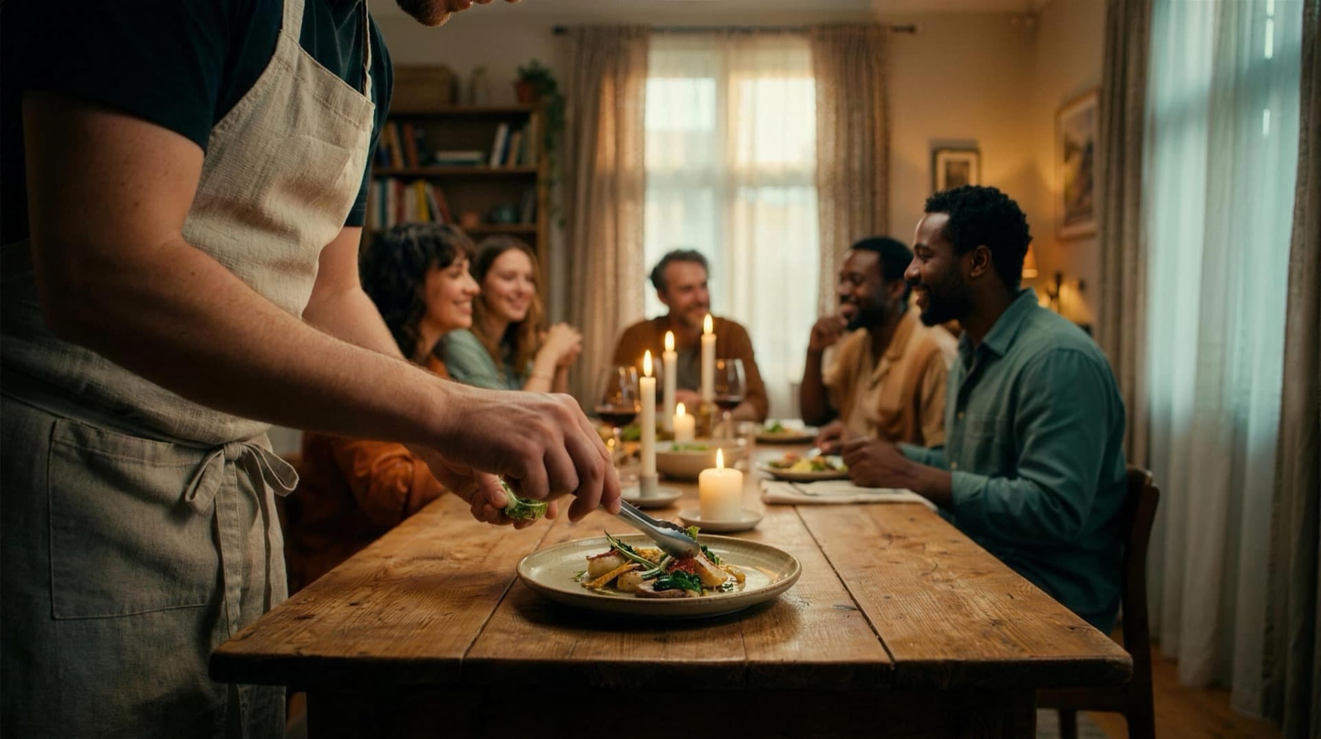 An organizer in an apron finishes a plate at the head of the table while guests look on, candles lit.