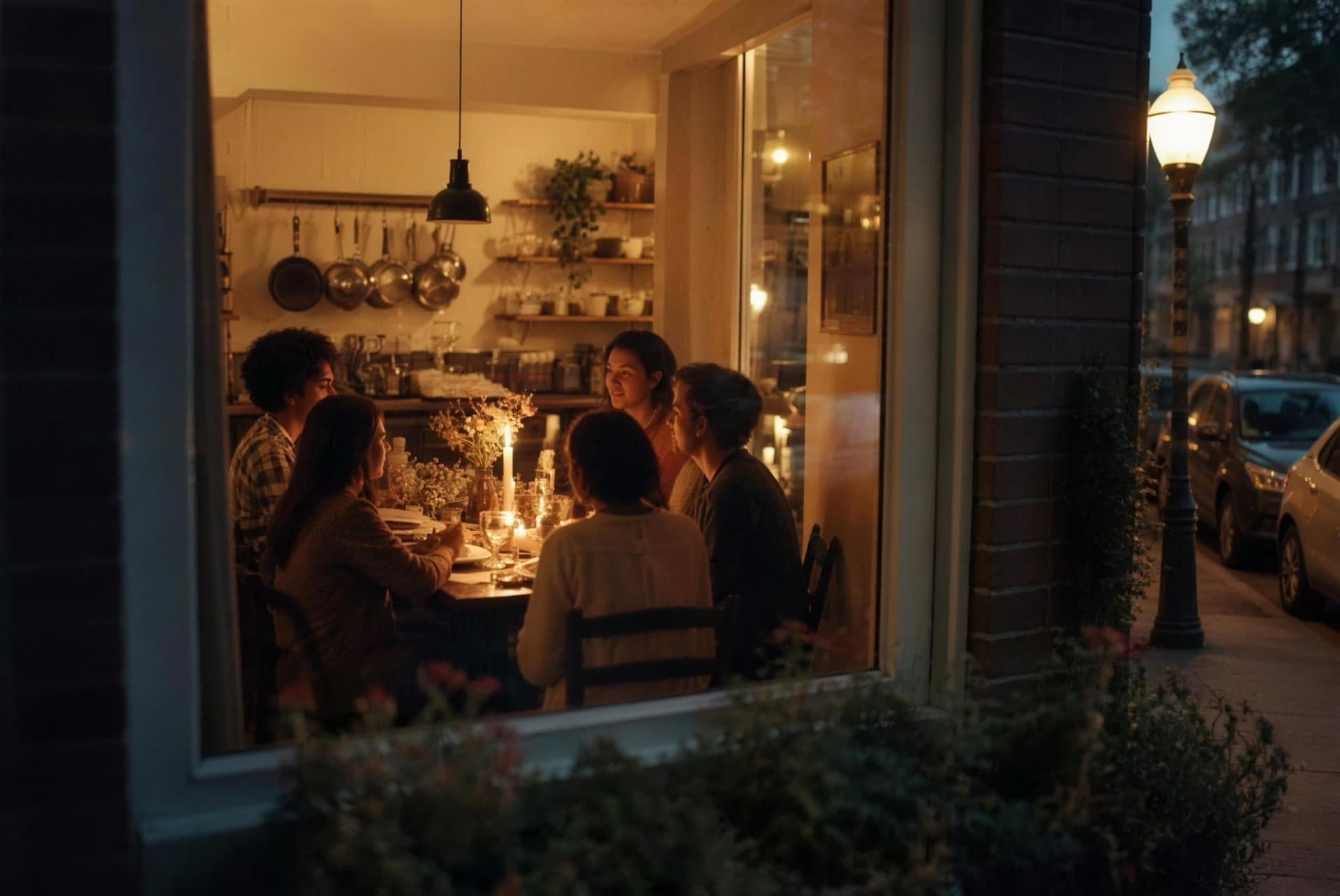 Seen from the street at dusk: a small dinner through a lit window, a lamppost glowing outside.