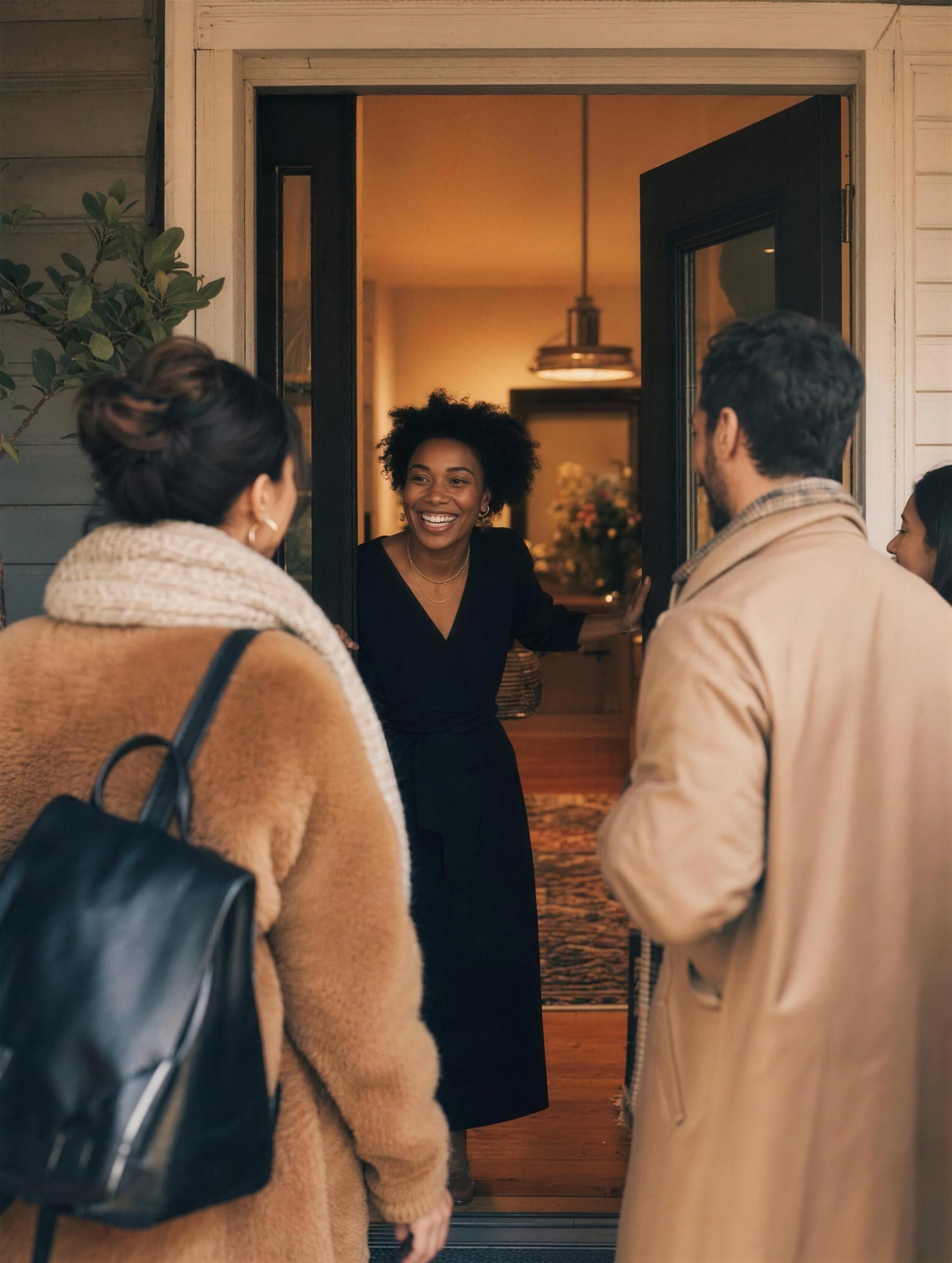 An organizer opens her front door to two arriving guests, warm light behind her.