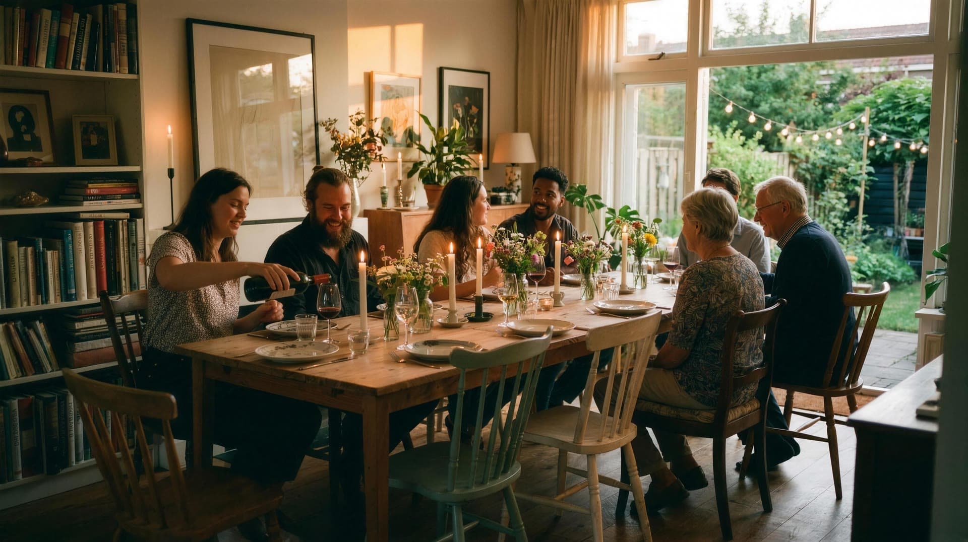 Guests along a candlelit table in a book-lined room, one pouring wine for another.