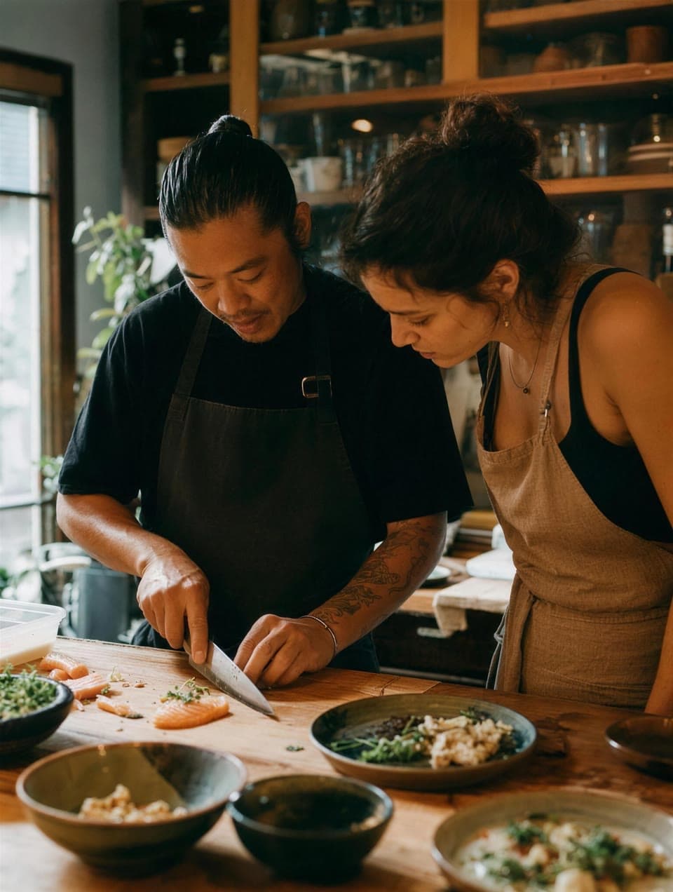 Two cooks side by side at a counter, one slicing herbs, bowls of finished food in front of them.