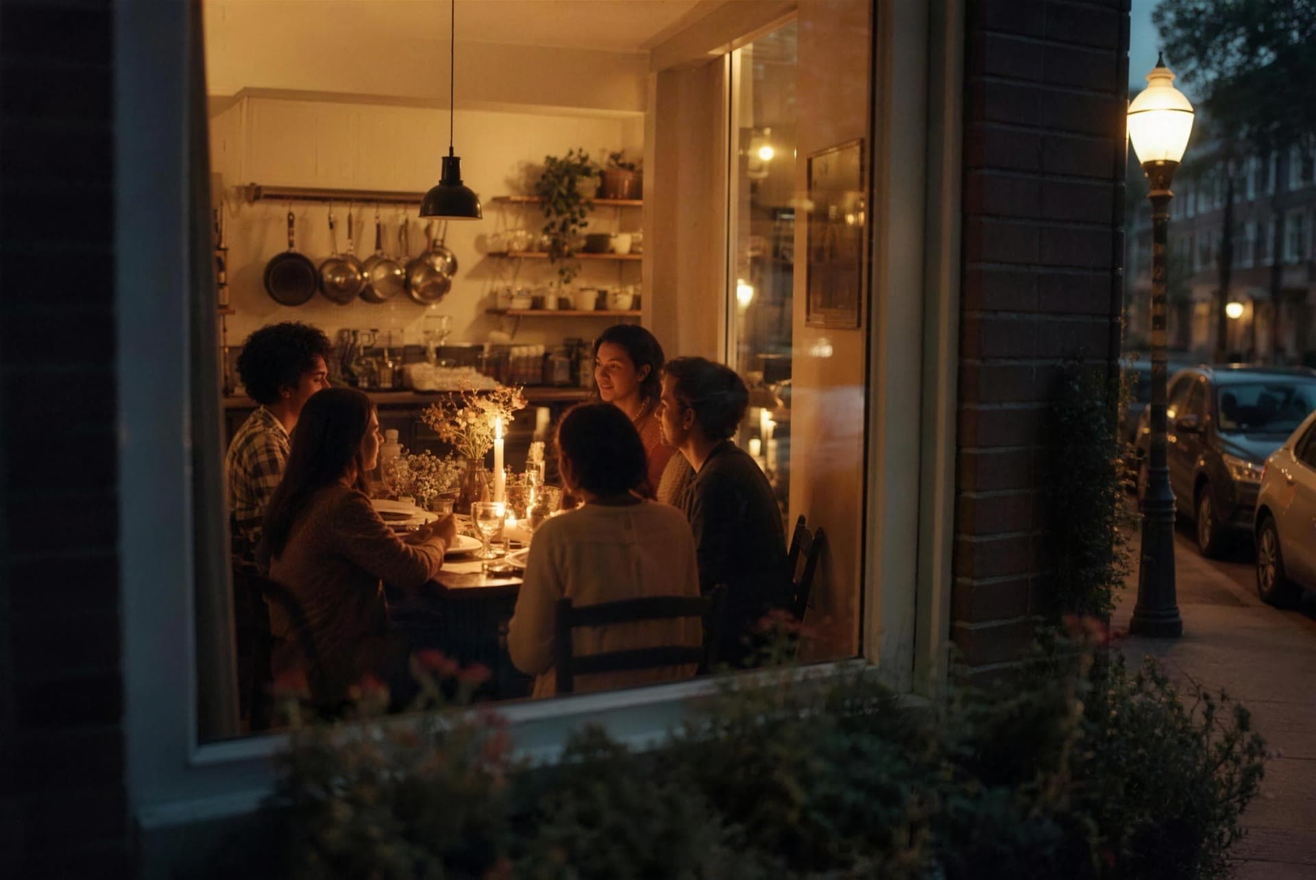 A lit kitchen window seen from the street at dusk, a full table of people inside.