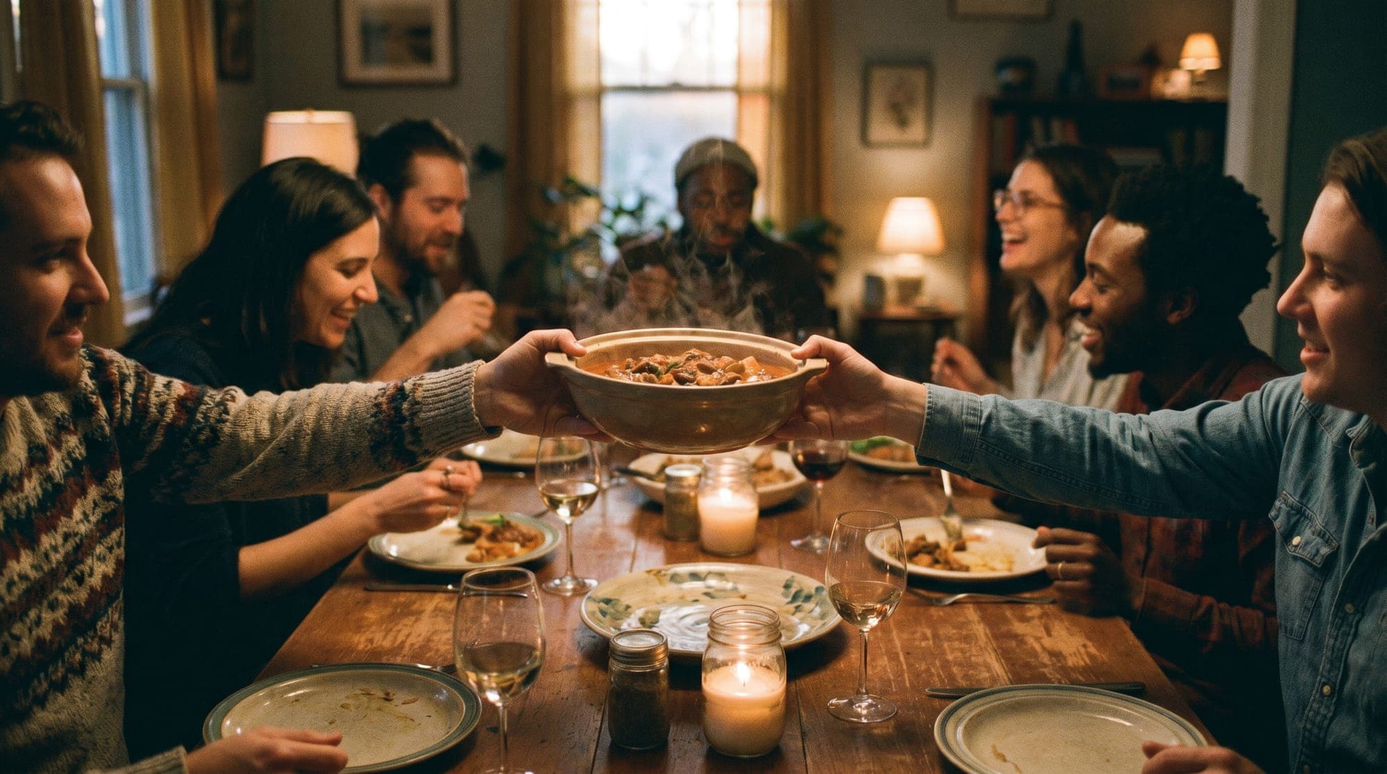 A Tenseats home-hosted supper club in motion, hands passing a shared dish across a candlelit table
