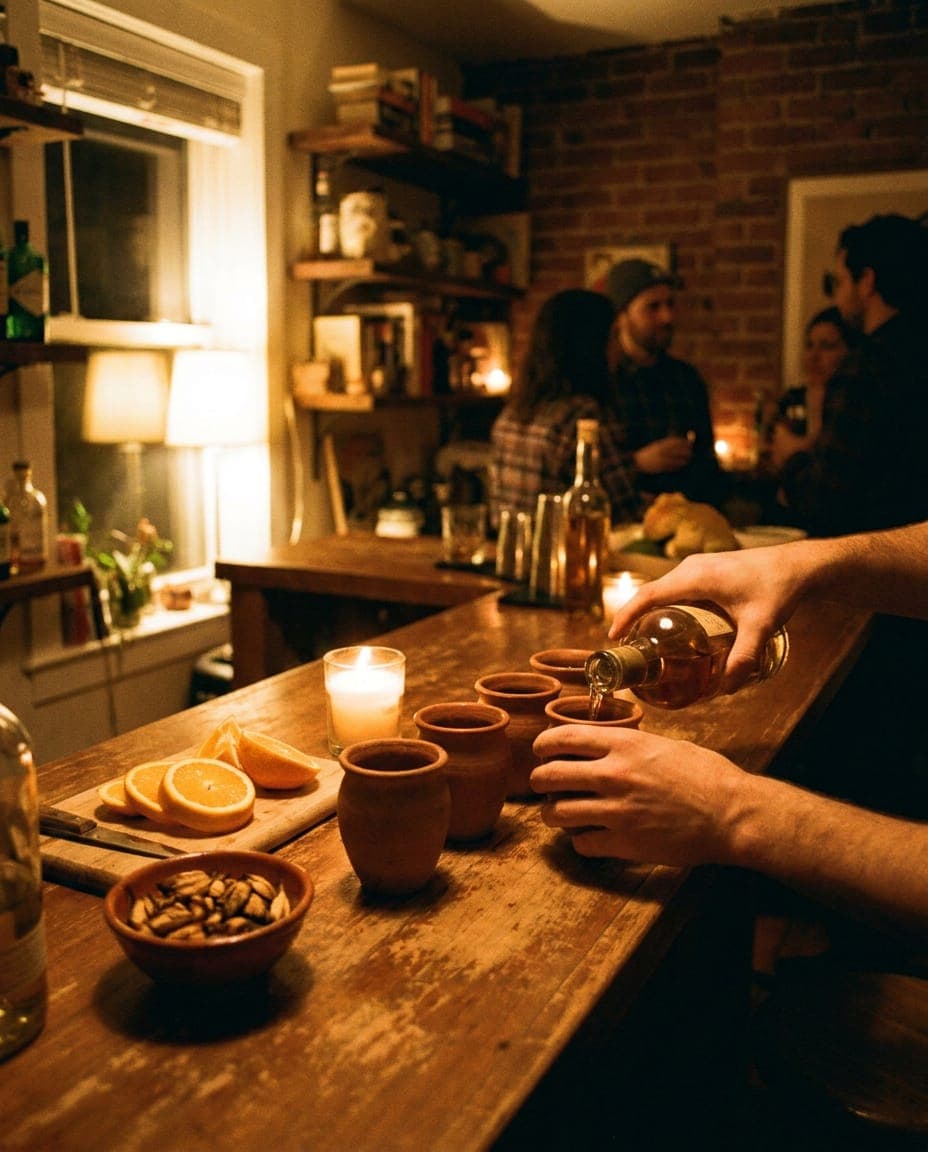 A mezcal tasting laid out on a bar, glasses poured and waiting.