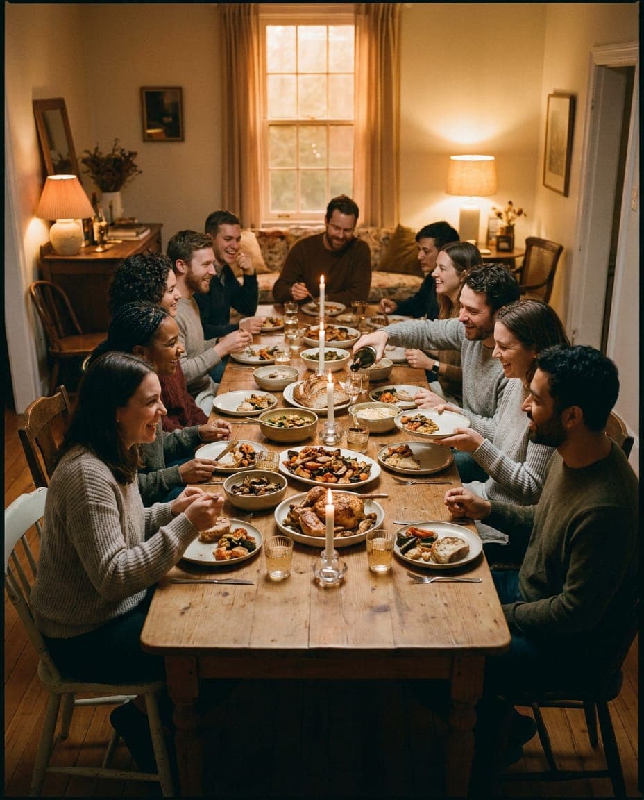 A long supper table mid-service, plates and glasses filling the frame.