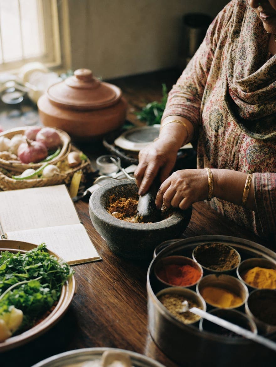 Hands carefully preparing a traditional dish with fresh spices