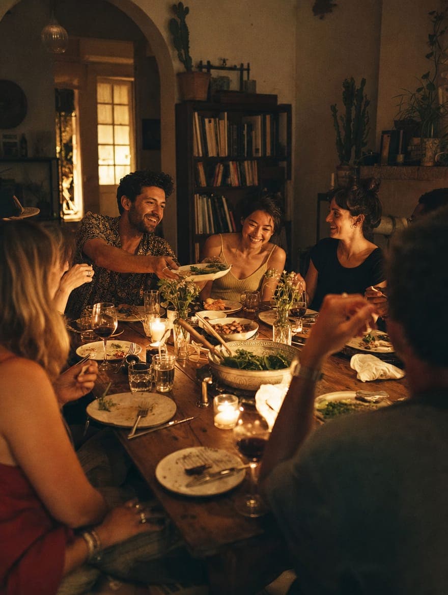 Friends gathered around a communal table sharing food and laughter