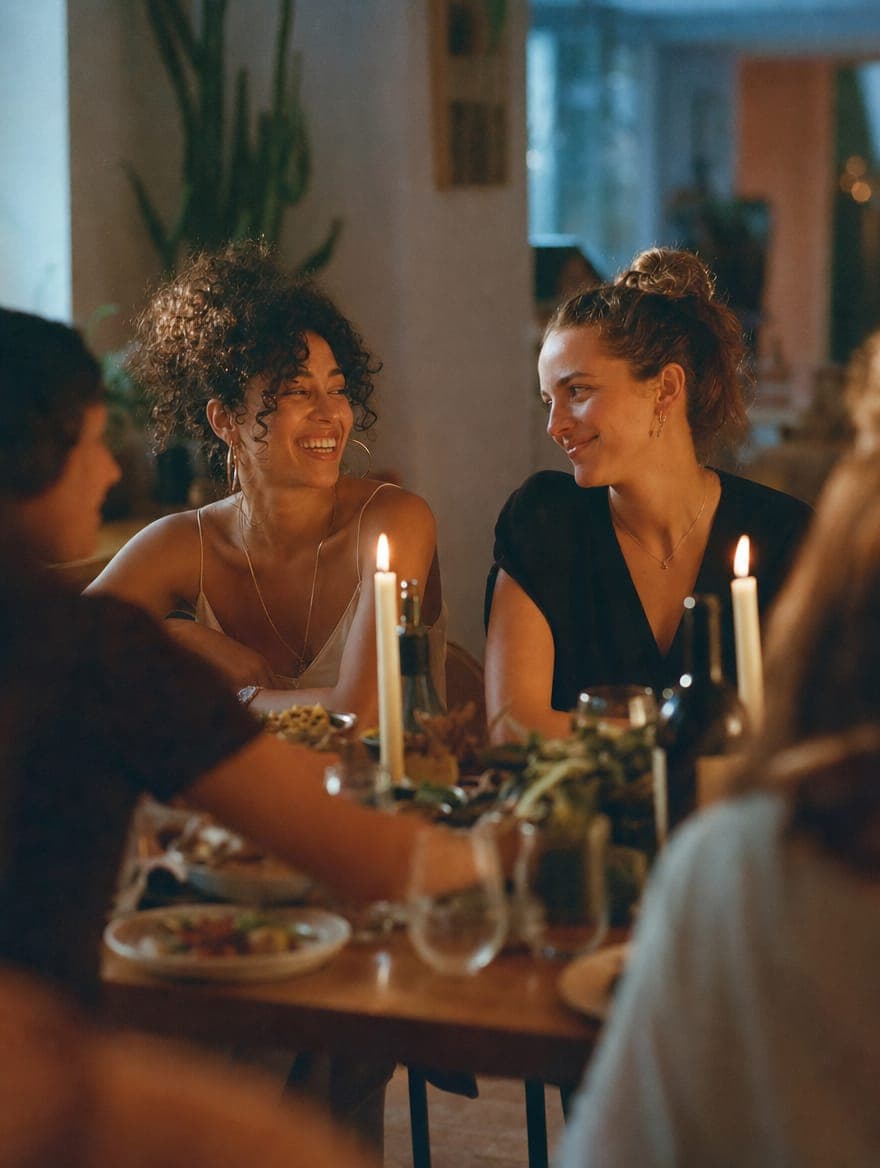 Two friends sharing a knowing look across a candlelit Tenseats home supper-club table, the kind of night you find through people you trust.